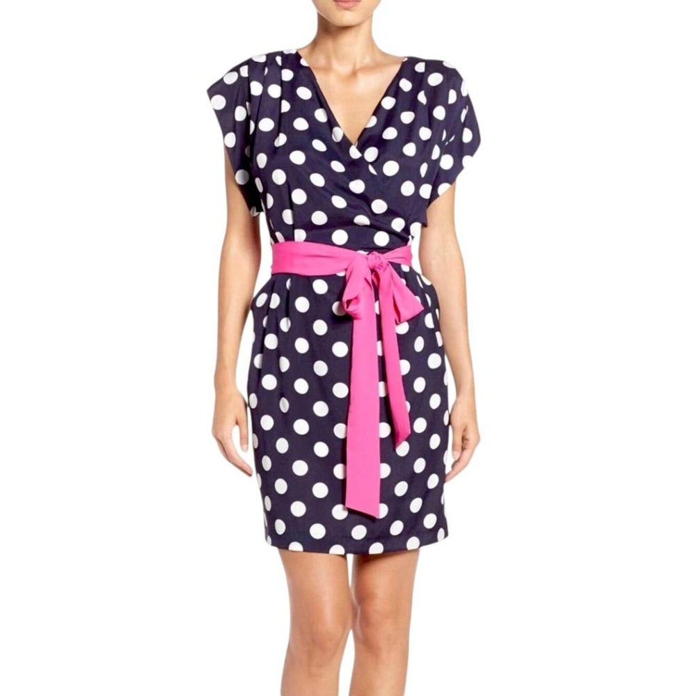 Eliza J Polka Dot Faux Wrap Dress Womens 4 Navy Blue Pink Belt Cocktail NWT
